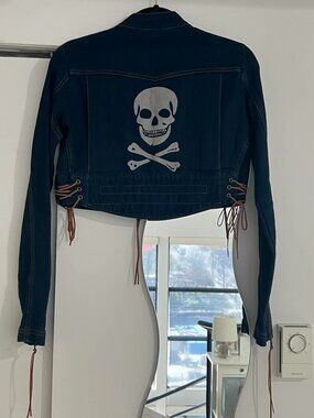 Vintage Betsey Johnson Cropped Dark Denim Skull Jacket with Lace-Up Sides Size 6